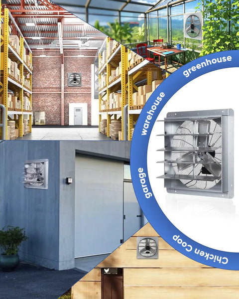 Heavy Duty 24 Inch Shutter Exhaust Fan installed in various settings: warehouse, greenhouse, garage, chicken coop
