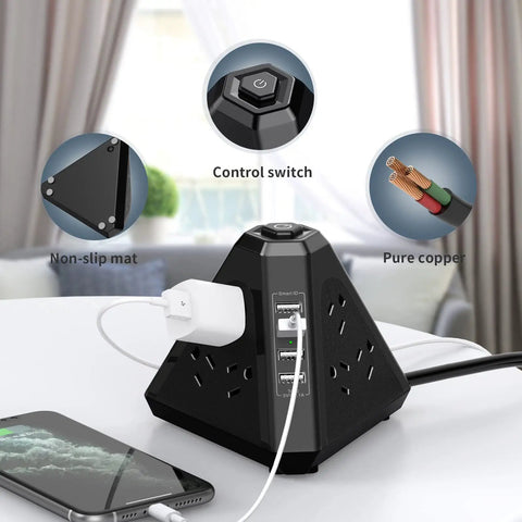 Three Side Power Strip Tower With Nine Outlets And Four USB Ports Thirteen In One Surge Protector on desk with device charging