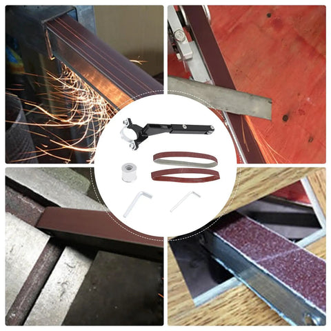 Leveling Up Your Bench With This Angle Grinder Belt Sander Adapter shows assembly details, including belts, alloy mount, and polish in use.
