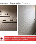 Cream White Damask Decorative Textured Floral Wallpaper Non Woven Wall Covering installed, needs glue, shelves visible