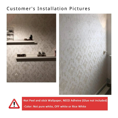 Cream White Damask Decorative Textured Floral Wallpaper Non Woven Wall Covering installed, needs glue, shelves visible