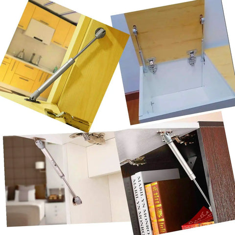 Four Pack Heavy Duty Gas Hydraulic Struts delivering hella smooth operation shown on cabinets and toy boxes for 120N soft close lid support.