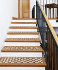 Set Of Attachable Indoor Carpet Stair Treads Moroccan Trellis Lattice Vanilla Cream And Coffee Brown 8 By 26 Inch Non Slip Grip