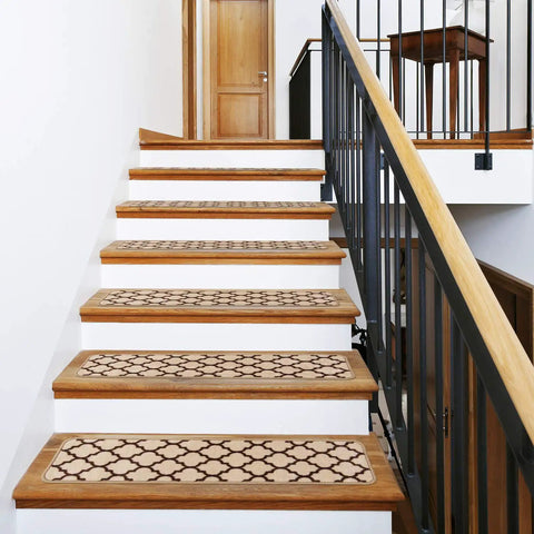 Set Of Attachable Indoor Carpet Stair Treads Moroccan Trellis Lattice Vanilla Cream And Coffee Brown 8 By 26 Inch Non Slip Grip
