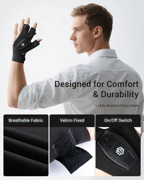 Rechargeable Flashlight Gloves For Men Ultra Bright 3-Finger LED Waterproof Finger Lights shown on hand with features