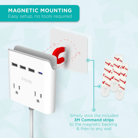 Power Reach Multi-Outlet Extender with 2 outlets, 4 USB ports, USB-C, USB-A, magnetic wall mount, 6ft cord, white, setup guide