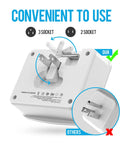 Back view of Foldable Travel Power Strip With USB C Outlets Non Surge Protector showing 3 AC sockets and foldable plug