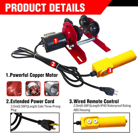 Heavy Duty Electric Trolley For Power Hoist 1100 Lbs On 2.68 To 4.33 In I Beam Fits PA200 To PA500 Hoists with copper motor and remote.