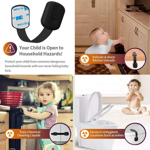 Infographic showing Six Pack Baby Proof Cabinet Locks With 3M Adhesive No Drilling Adjustable Child Safety Straps in use.