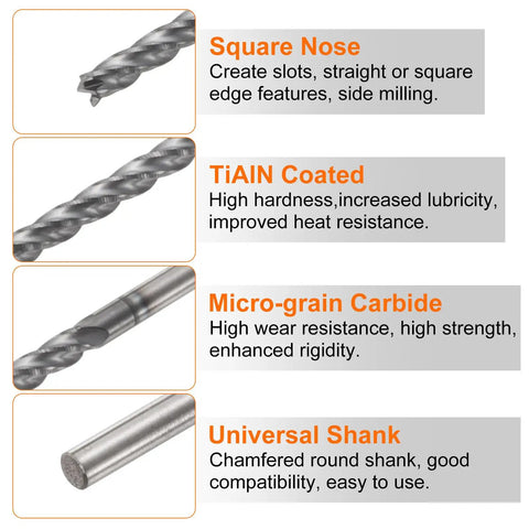 Carbide Square Nose End Mill Bit 3/32 Inch Shank 1 Inch Cutting Length 3 Inch Overall 4 Flutes TiAlN Coated features chart