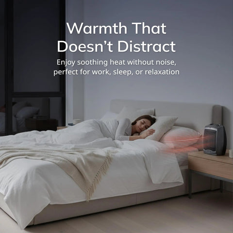 Woman sleeping beside Portable Ceramic Space Heater With Tip Over Safety And Overheat Protection in bedroom