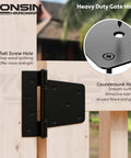 Front view of 3.5 Inch Heavy Duty Strap Gate Hinges Kit for Wooden Gates Vinyl Fence and Barn Doors, black finish with offset holes.