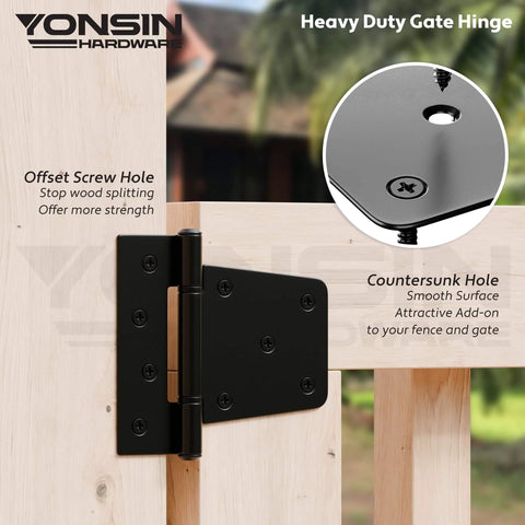 Front view of 3.5 Inch Heavy Duty Strap Gate Hinges Kit for Wooden Gates Vinyl Fence and Barn Doors, black finish with offset holes.