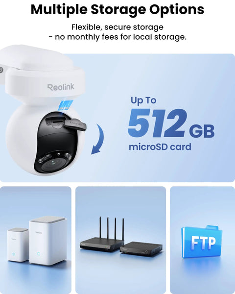 4K Outdoor PTZ Security Camera With WiFi 6, Motion Tracking And Smart Detection, 3X Optical Zoom, Built In Spotlight, Local Storage, Weatherproof Night Vision For Home Surveillance, shown with 512GB microSD storage options and network devices