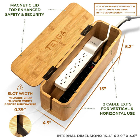 Bamboo Cable Management Box For Up To Two Power Strips, Hides Cords And Surge Protectors, Keeps Kids Safe, Neat TV And Desktop Cables
