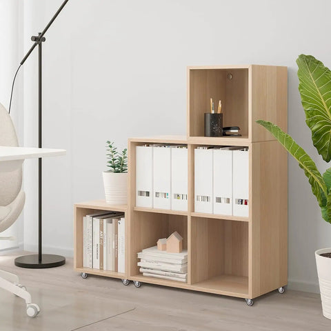 Heavy Duty 1.5 Inch Plate Caster Wheels Set Of 4 Low Profile Swivel Casters For Furniture under a modern storage shelf.