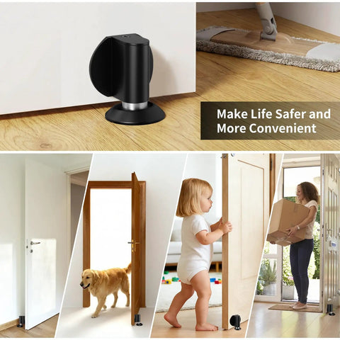 Heavy Duty Magnetic Door Stoppers Featuring Double Magnet Catch With Hardcore Hold To Keep Doors Shut Tight Easy Screw Or Peel Stick Install shown in various settings.