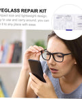 Woman using phone and eyeglass repair kit with organized storage case for quick frame fixes on the go includes essential tools