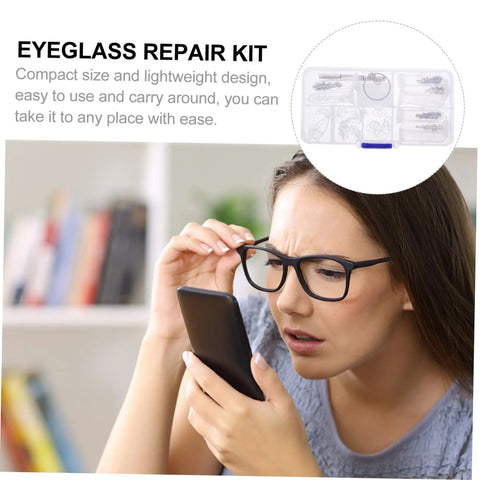Woman using phone and eyeglass repair kit with organized storage case for quick frame fixes on the go includes essential tools
