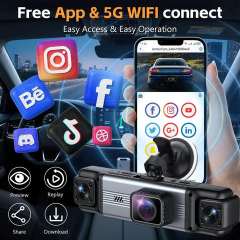 All Around 360 Degree Dash Cam With Front Rear Inside And Side Lenses, 4K Front And Three 1080P Feeds, 5GHz WiFi And App Control