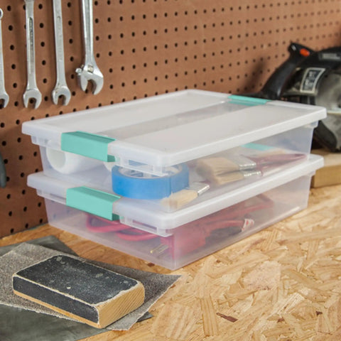 12 Pack Clip Box Stackable Clear Plastic Bins With Latching Lids for Arts and Crafts in workshop setting