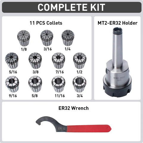Pro Grade MT2 ER32 Collet Chuck Set With 11 ER32 Collets, MT2 Bridgeport Shank Holder and Wrench for Precision Milling