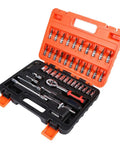 Heavy Duty 46 Piece Metric Socket Set With Heat Treated Steel And One Quarter Inch Drive In A Rugged Carry Case No Bull Garage Tool Kit Essentials displayed with tools arranged in case.
