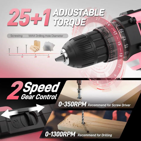 Pink 120 Piece Home Tool Kit With 20V Cordless Drill Driver In Plastic Toolbox For Women DIY Set showing adjustable torque and speed gear control