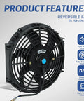 Knockout 10 Inch 12 Volt Universal Slim Pull Push Electric Radiator Cooling Fan With Mounting Kit Black seen from front, showing blades and motor details.