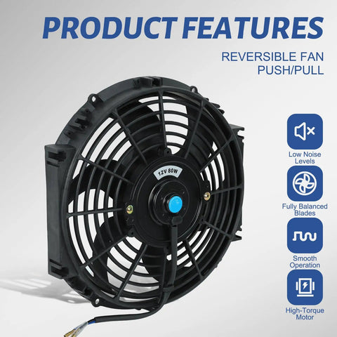 Knockout 10 Inch 12 Volt Universal Slim Pull Push Electric Radiator Cooling Fan With Mounting Kit Black seen from front, showing blades and motor details.