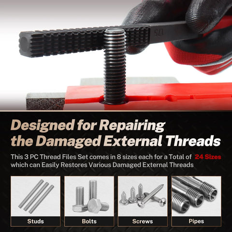 TOMMARS 3-Pc thread file set for repairing damaged external threads; black textured files with red base.