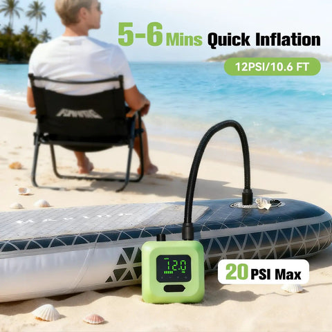 Electric SUP Pump With Battery For Paddle Boards, Dual Stage Inflation, Auto Shut Off, 20 PSI High Pressure shown on beach