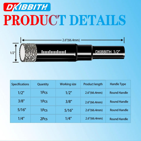Five Piece Diamond Tile Drill Bit Set For Porcelain Ceramic Granite Marble And Glass With Round Shank Sizes Specifications