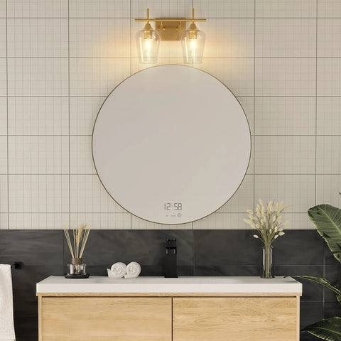 Two Light Brushed Gold Vanity Light With Clear Glass Shades For Bathroom Over Mirror Modern Wall Sconce above round mirror