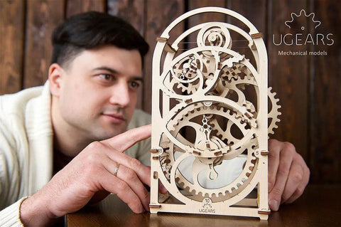 Wooden 20 Minute Timer Puzzle Kit For Adults 3D Mechanical Model Building Set For Brain Teasers, shown assembled on a table