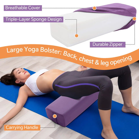 Two Piece Yoga Bolster Set With Rectangular Back Support And Crescent Neck Cushions, Measuring 25.6x9.8x6 And 16.9x10.6x5.5 Inches, Perfect For Yin, Restorative, And Deep Stretch Sessions, Moisture Resistant And Plush Cushions For Everyday Comfort, purple bolster with breathable cover and triple-layer sponge design