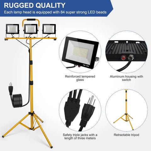 Beastly Bright 21000 Lumen LED Work Light with Tripod Stand Three Adjustable Heads Each With Its Own Switch IP66 Waterproof