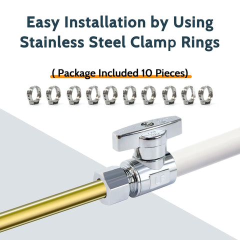 10 Pack One Half Inch PEX To Three Eighths Inch OD Compression Shut Off Valves With Stainless Steel Clamps And Rings Premium Lead Free Brass