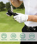 Golfer using All In One Golf Towel And Club Brush Cleaning Kit with water bottle, showing easy cleaning on course.