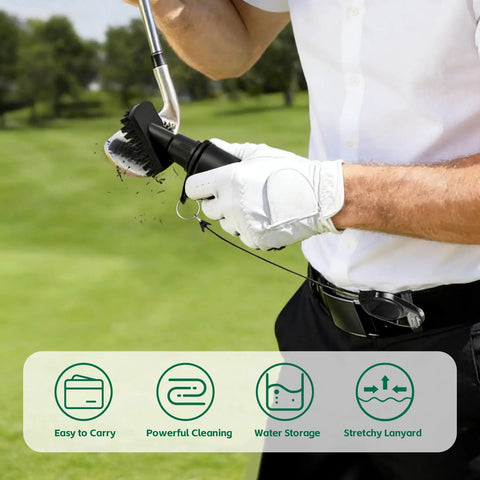 Golfer using All In One Golf Towel And Club Brush Cleaning Kit with water bottle, showing easy cleaning on course.