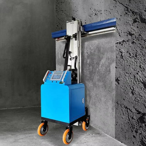 Full Auto Plastering Machine Cement Render Rig Wall Polisher For Construction Sites And Home Reno Boss Level Finish Smooth Operator Drywall Workhorse Tool on wheels, standing beside textured wall.