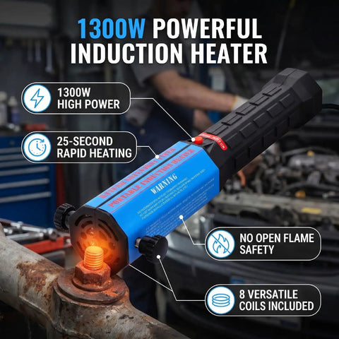 Heavy Duty 1300W Magnetic Induction Heater Built For Garage Guys To Kick Off Rusty Jammed Bolts Nuts Screws And Bearings In Lightning Fast 25 Second Blast Safe Shop Workhorse With Complete Coil Set heating a rusty bolt in a garage setting.
