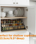 Score Top Shelf Storage With This Slick Adjustable 3 Tier Metal Spice Rack Organizer For Cabinets Counters Slip Resistant Expandable Shelf Fits Jars And Bottles In Black with spices in a cupboard