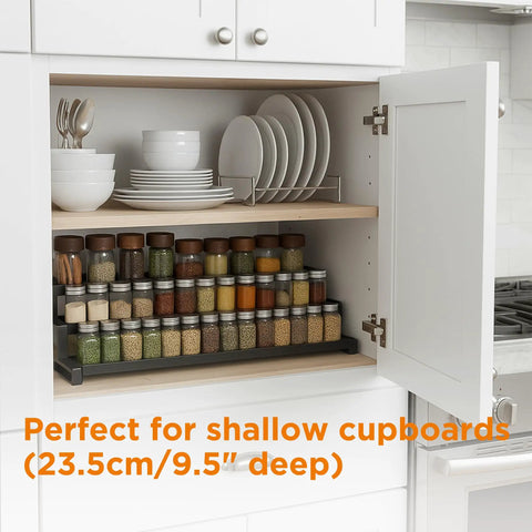 Score Top Shelf Storage With This Slick Adjustable 3 Tier Metal Spice Rack Organizer For Cabinets Counters Slip Resistant Expandable Shelf Fits Jars And Bottles In Black with spices in a cupboard