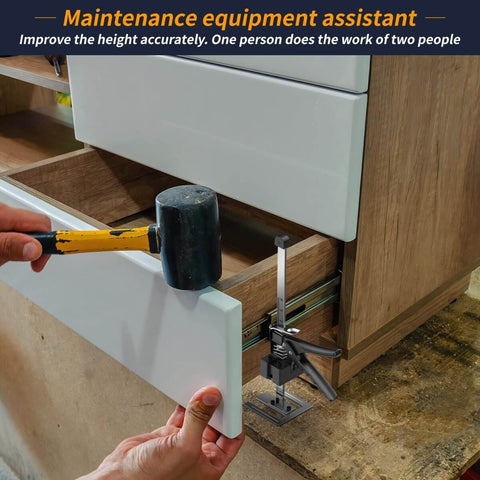 Labor-Saving Arm Jack Two-Piece Set holding cabinet door during installation, adjustable height for wall tile positioning and DIY projects.