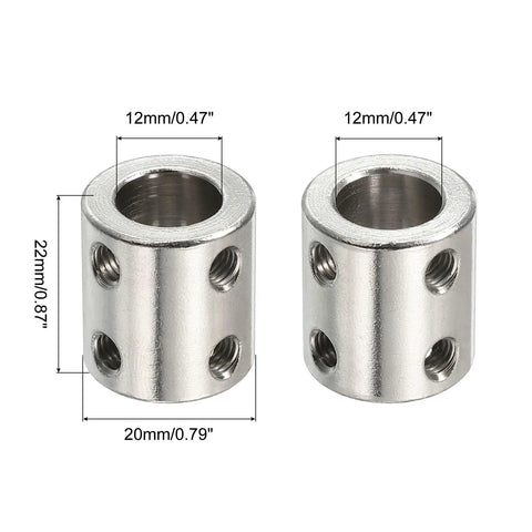 Rugged Shaft Coupler Connector 22mm Long 20mm Outer Diameter 12mm To 12mm Bore Stainless Steel Joint With Screws And Wrench For 3D Printers Silver 2 Pack