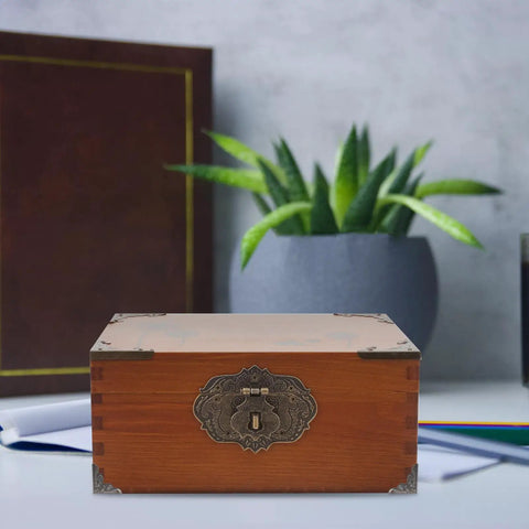 Wooden box with Old School Box Corner Protectors Set For Wood Furniture And Cabinets, Metal Edge Guards, home decor.