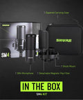 Studio Quality Condenser Microphone Kit For Home Recording With XLR, All Metal Construction, Detachable Magnetic Pop Filter And Shock Mount displayed with box and carrying case