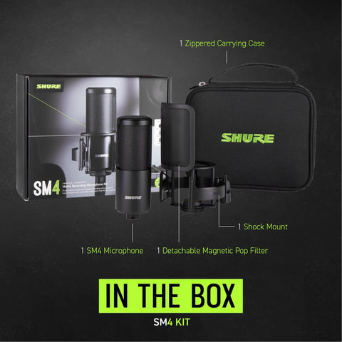 Studio Quality Condenser Microphone Kit For Home Recording With XLR, All Metal Construction, Detachable Magnetic Pop Filter And Shock Mount displayed with box and carrying case