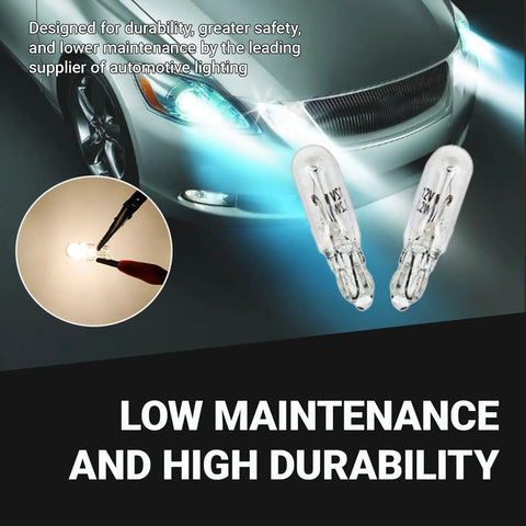 10 Pack T5 Car Wedge Light 12V 1.2W Mini Dashboard Bulbs shown with car headlamp illustration, highlighting durability